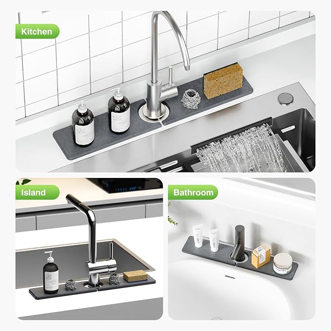 20" x 4" Stone Faucet Mat for Kitchen Sink, Quick Drying Diatomite Sink Tray, Faucet Sink Splash Guard for Prevents Moisture Buildup (Dark Gray)