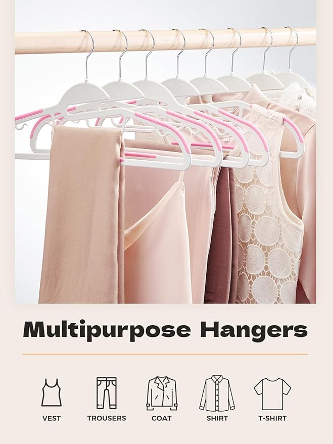 HOUSE DAY Heavy Duty Plastic Hangers 100 Pack, Pink Slim Clothes Hangers Space Saving, Non Slip Hangers with Rubber Pads, Durable Coat Hanger for Closet, S-Shaped Hanger for Shirt, Suit, Pant, Skirt