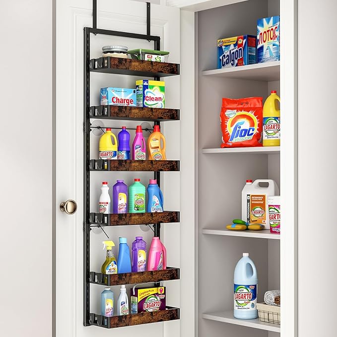 bukfen Over the Door Pantry Organizer, 6-Tier Adjustable Wooden Basket Kitchen Pantry Door Organization and Storage, Heavy-Duty Metal Hanging Kitchen Spice Rack,D6.3 x W17.71 x H50.60 inch,1 Pack