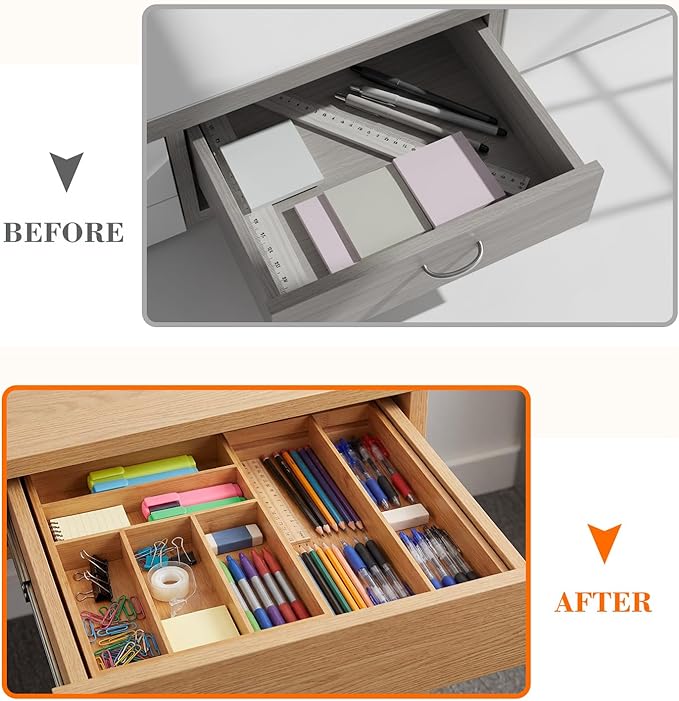 1 Pcs Bamboo Drawer Organizer 9'' up to 18'' x 15'' x 2'' Expandable Drawer Organizer Pens Notebook Ruler Makeup Tray with 7 Adjustable Compartments for Desk Office Kitchen Bathroom(Wood)