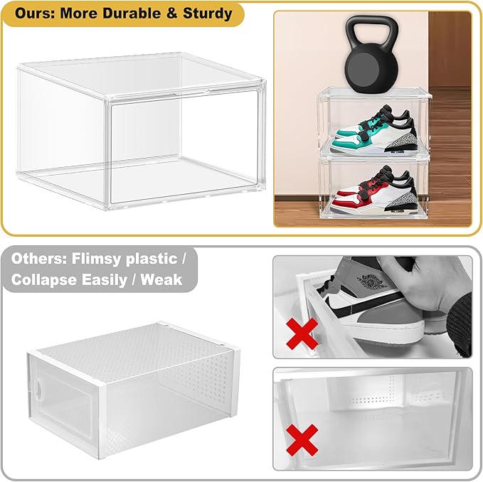 1 Pack Plastic Shoe Storage Boxes Fit US Size 13, Clear Stackable Shoe Display Case with Acrylic Magnetic Side Door, Shoe Containers for Sneaker Storage, Hats, Figure, Collectible, Book, Clothes