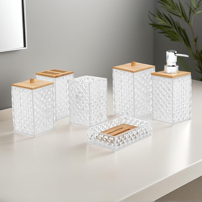 Bathroom Accessory Set,6 Pcs White Bathroom Set Include Soap Dispenser, Qtip Holder Dispenser, Soap Dish,Toothbrush Holder & Mouthwash Cup.Boho Bathroom Set