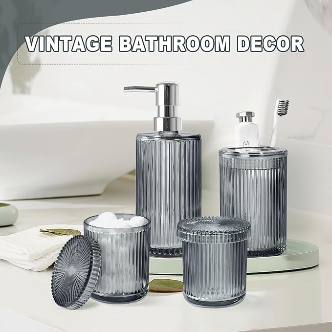 Gray Glass Bathroom Accessories 4 Pcs, Grey Bathroom Set, Soap Dispenser and Toothbrush Holder Set, Qtip Holder Set, Vintage Bathroom Sink Set, Modern Bathroom Decor