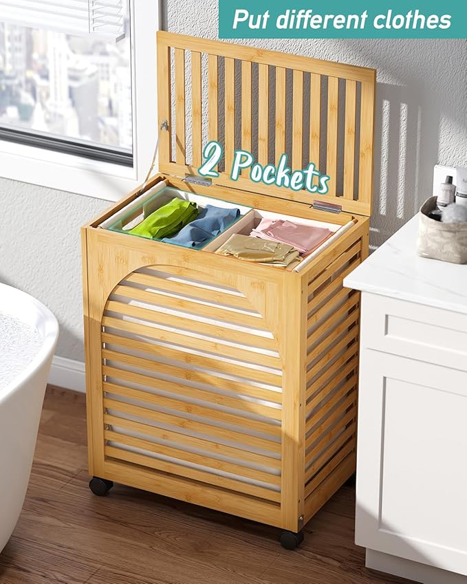 Laundry Hamper with Wheels, Large Laundry Basket with Lid, 27.3 Gallon (103.4L) Bamboo Wood Clothes Laundry Hamper 2 Section with Handles, Removable Liner