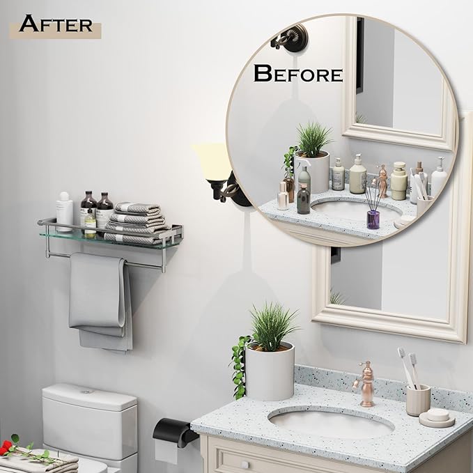 SFGSOWOR Bathroom Glass Shelf with Towel Rack Organizer Wall-Mounted Bathroom Storage SUS304 Stainless Steel Towel Bar/Track Wall-Mounted Tempered Glass Shelves (Chrome Polished, 20-inch)
