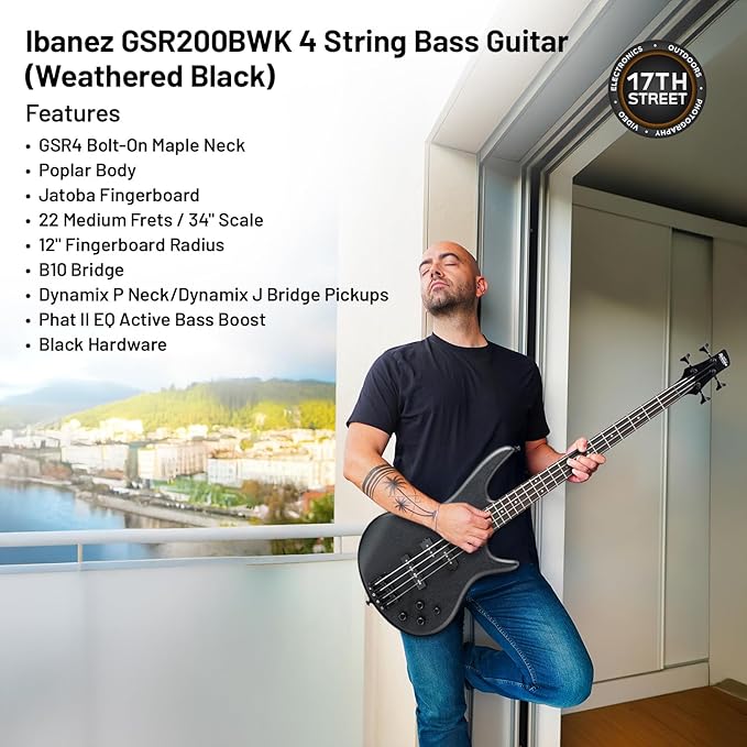 Ibanez GSR200B 4-String Bass Guitar (Weathered Black) - Right Handed Nyatoh Body Bass with GSF50 Powerpad Strap, 15 Pack Guitar Picks with Storage Box & Microfiber Cleaning Cloth (Bundle Set)