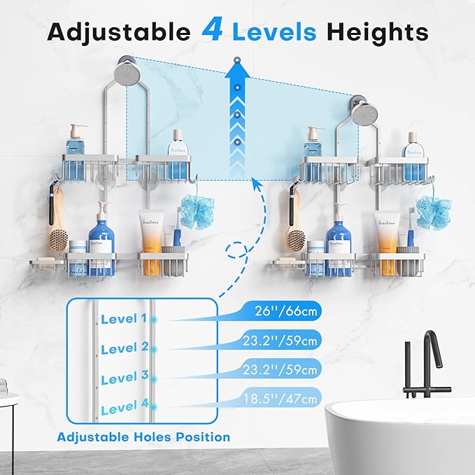 Aluminum Alloy Hanging Shower Caddy for Handheld Shower Heads,Rustproof Hose Shower Organizer 4 Levels Height Adjustable Shower Rack with Hooks,Razor Holder,Soap Holder