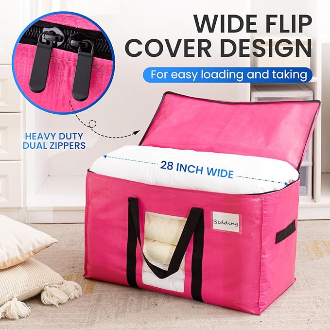 TAILI 12 Pack Pink Extra Large Moving Bags, Heavy Duty Totes with Visible Window, Wrap Around Handles, Space-Saving Storage Solution, Alternative to Moving Boxes