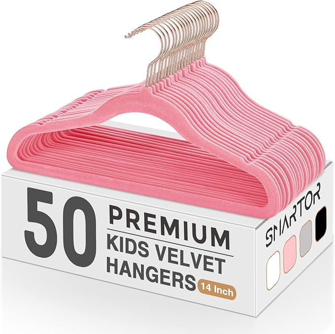 Smartor Kids Velvet Hangers 50 Pack, 14 Inch Premium Non Slip Kids Felt Hangers for Closet, Space Saving Toddler Clothes Hanger for Youth's Childrens' Clothes (Rose Gold Hook)- Pink