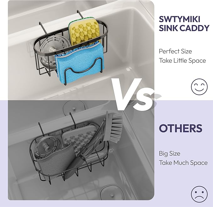 SWTYMIKI Sponge Holder for Kitchen Sink - Movable Kitchen Sink Caddy with M Shape Hook, Stainless Steel Hanging Sponges Caddy Organizer in Double Bowl Sinks Depth>3.15in, Middle divider<1.5in, Black