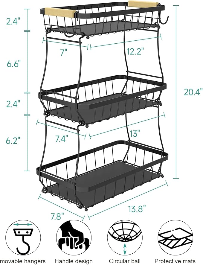 3 Tier Fruit Basket for Kitchen Counter with 2 Mobile Banana Hangers, 2026 Pro Detachable Metal Fruit Bowl with Wooden Handle, Fruit Holder for Bread Snack Veggies with Protective Mats