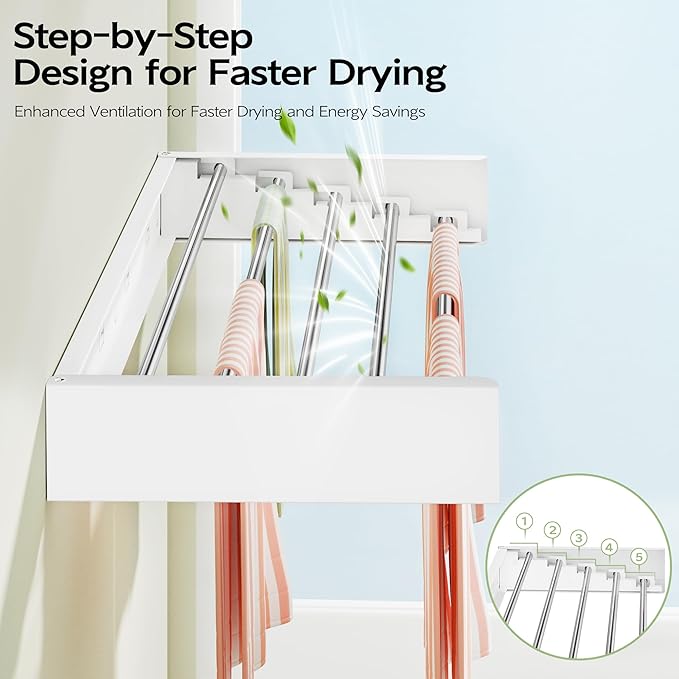 Vikaqi Wall Mounted Clothes Drying Rack 32", Foldable Wall Mount Laundry Rack Folding Indoor, Drying Rack Clothing Collapsible, Hidden Space Saver with Wall Template, 5 Rods, White