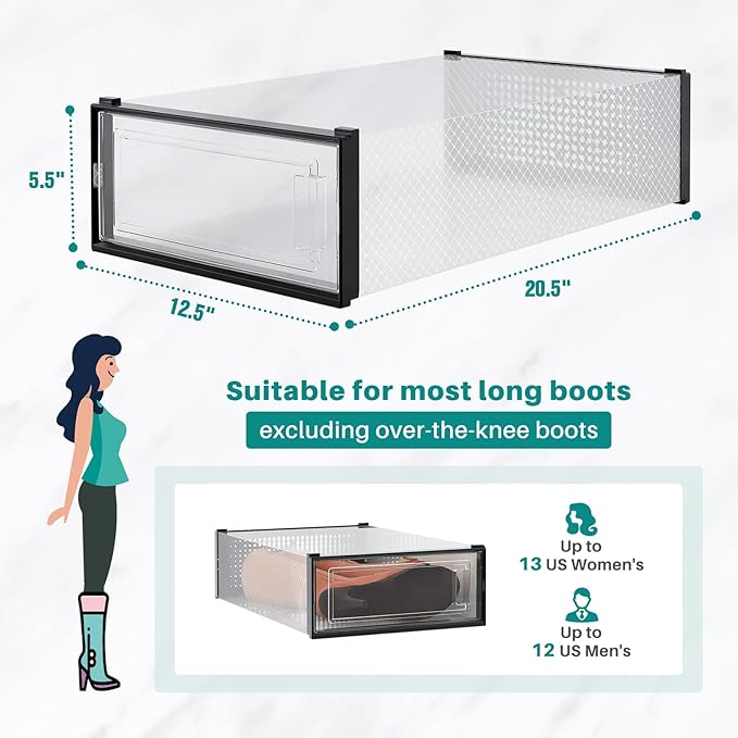 PARANTA 8-Piece Boot and Shoe Storage Box, Stackable Clear Plastic Shoe Box, Space-Saving Shoe Organizer for Boots, Sneakers, and High Heels, Black