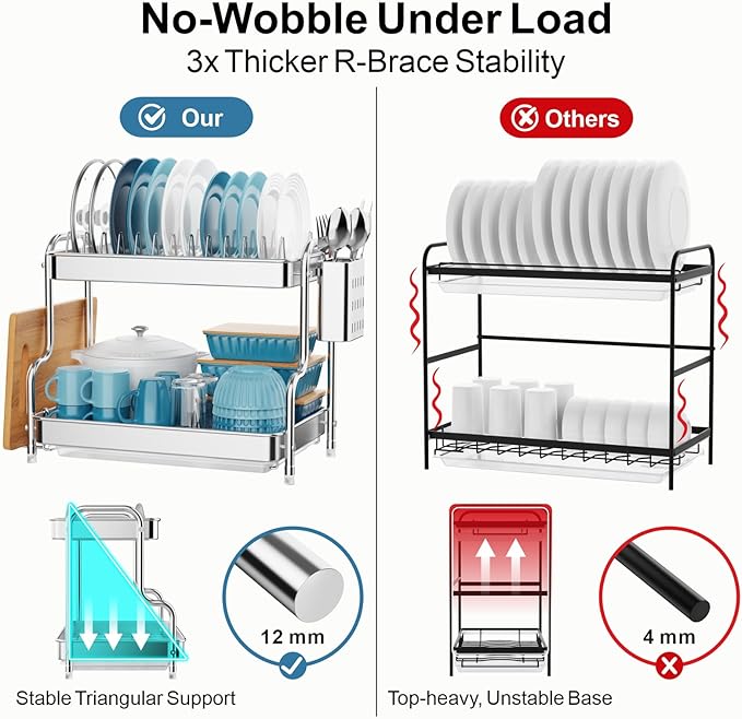 GSlife Dish Drying Rack for Kitchen Counter - Stainless Steel 2 Tier Dish Drainer with Drain Board, Stainless Steel Utensil Holder, Cutting Board Holder, 21" L x 10.8" W x 13.8" H, Silver