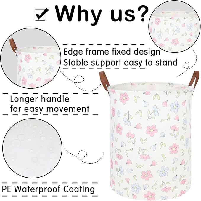 Flower Patter Laundry Hamper,Girls Laundry Basket,Waterproof foldable kid's laundry basket,Baby Girls Nursery Hamper,Gift Baskets, Girls Room Decor(Blue flower)