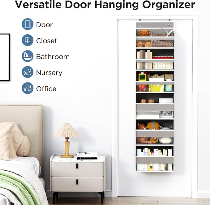 Over The Door Organizer, 6 Shelf Door Hanging Organizers with 6 Large Capacity Pockets, Behind Door Storage Hanging Shelves for Closet Wall Bathroom Bedroom Nursery