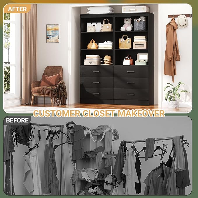 Aheaplus 47.2" Closet Drawers System, 3.94FT Wood Closet Organizer System with 6 Drawers, Modular Small Walk-in Closets Storage Unit, Set of 2, Black (47.2" L x 13.8" W x 71" H)
