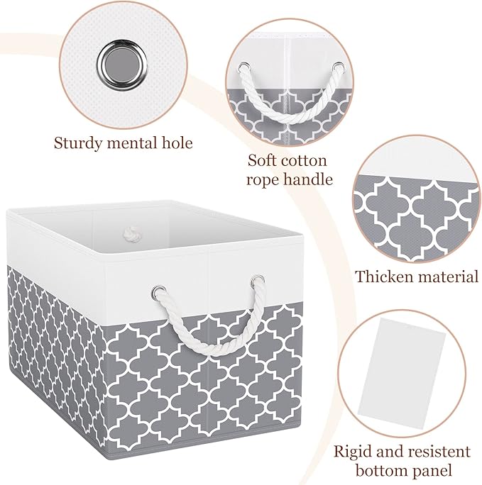 Storage Bin,Collapsible Storage Basket For Organizing,Large Storage Boxes With Rope Handles,Storage Containers,Clover Grey,6 Pack