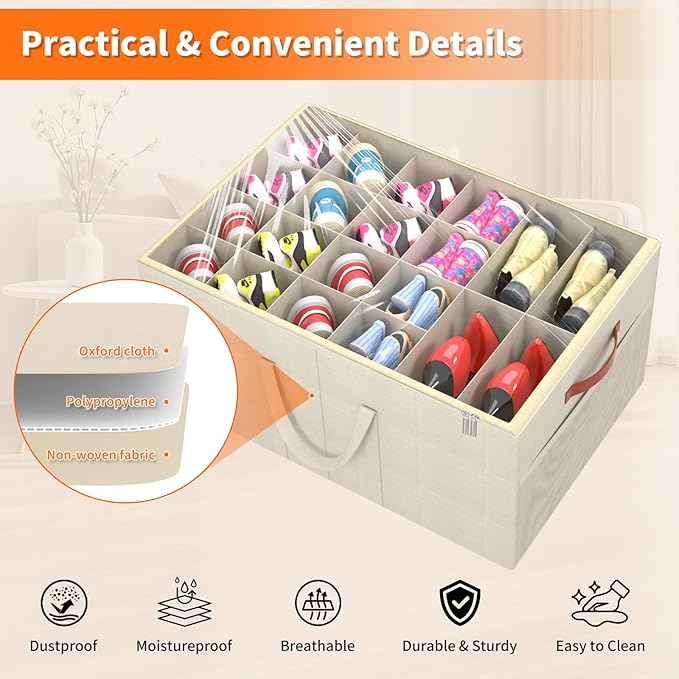 Aokeyee 2 Pack Shoe Organizer for Closet, Large Shoe Storage Box Fits up to 48 Pairs, Space Saving Foldable Shoes Organizer Bin w/Clear Cover and 4 Reinforced Handles, Beige