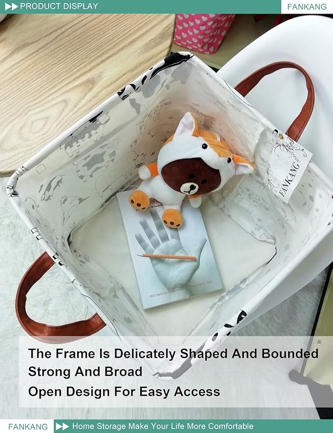 FANKANG Square Nursery Hamper Storage Bins Canvas Laundry Basket Foldable with Waterproof PE Coating Storage Baskets Gift Baskets for Children, Office, Bedroom, Clothes（Square-Cows ）