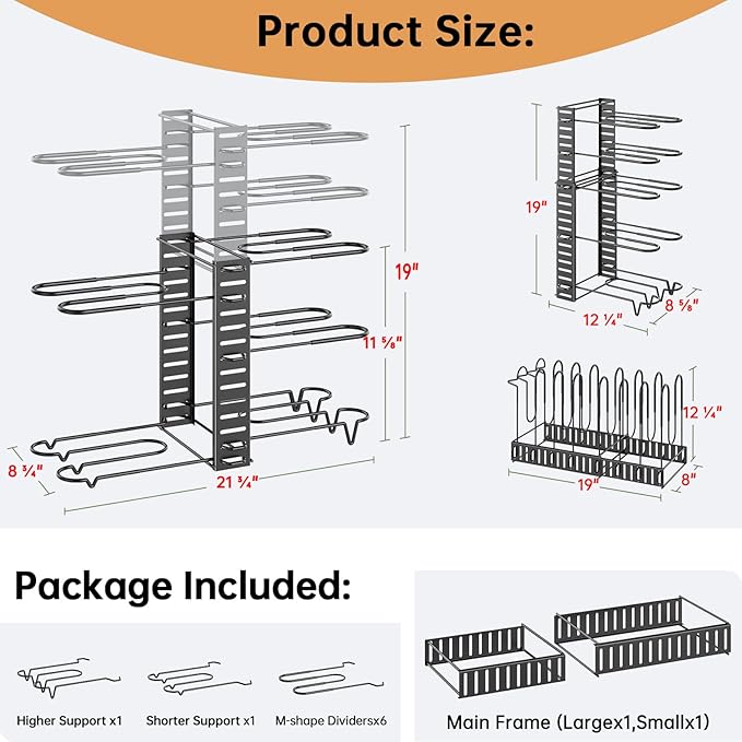 MUDEELA Pots and Pans Organizer Rack for under Cabinet, 8-Tiers Adjustable Pot Rack with 3 DIY Methods, Expandable 11.65'' to 19" Pot Lid Organizer for Kitchen Pantry Cabinet Organization and Storage
