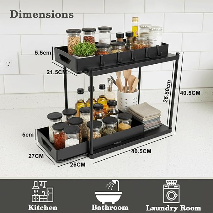 2 Pack Under Sink Organizer, Pull-Out Cabinet Storage Organizers for Bathroom & Kitchen, Multi-Purpose Under Counter Shelf Rack for Cleaning Supplies, Bottles & Toiletries, Cabinet Organizer-Black