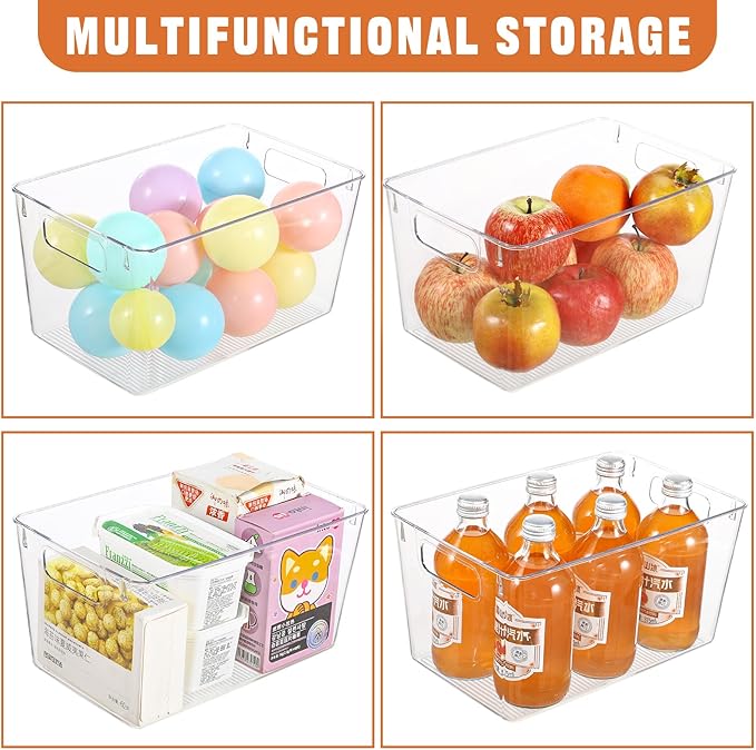 Freebat 6 Pack Large Clear Plastic Storage Bins,Plastic Containers with Handle for Pantry Organizer and Storage,Perfect for Kitchen,Fridge,Cabinet, Closet,Bathroom Under Sink Storage