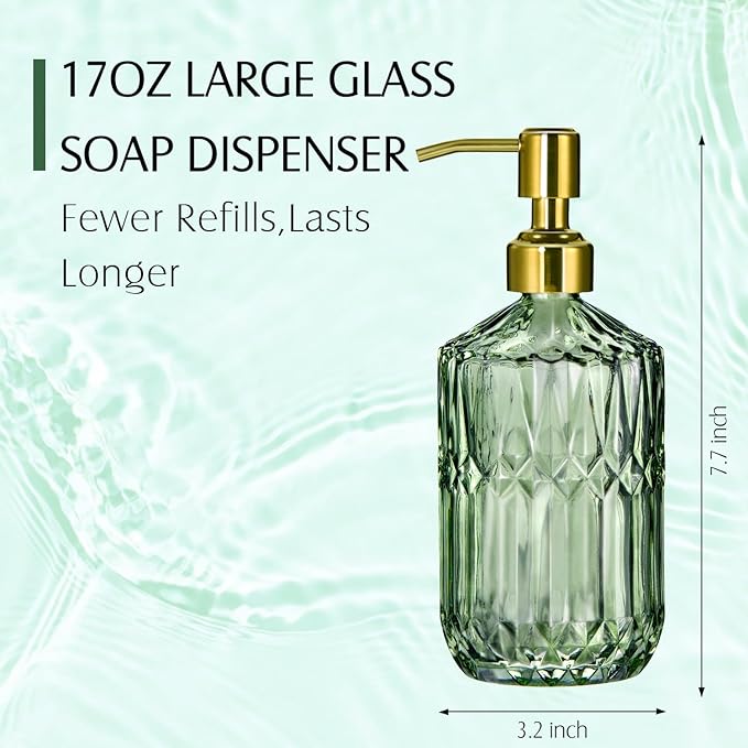 17 Oz Green Glass Kitchen Soap Dispenser for Dish Soap, 2 Pack Bathroom Soap Dispenser Set with Gold Rust Proof Pump for Lotion, Hand soap or Body Wash