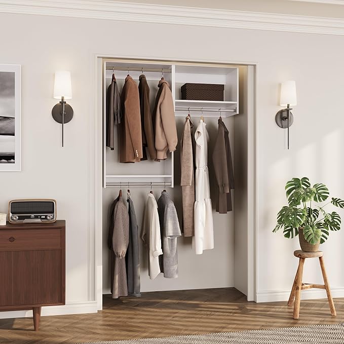 ROOMTEC Modular Closet System, 58" Wall-Mounted Closet Organizer with Hanging Rods, Wooden Tower for Walk-In Closets, Wardrobe Storage Kit, White