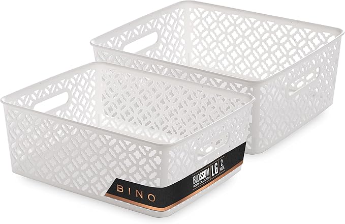 BINO l Plastic Storage Baskets, Large - White | THE BLOSSOM COLLECTION l Multi-Use Organizer Bin l Built-in Handles l Plastic Woven Basket for Organizing l Pantry & Home Organizing Basket
