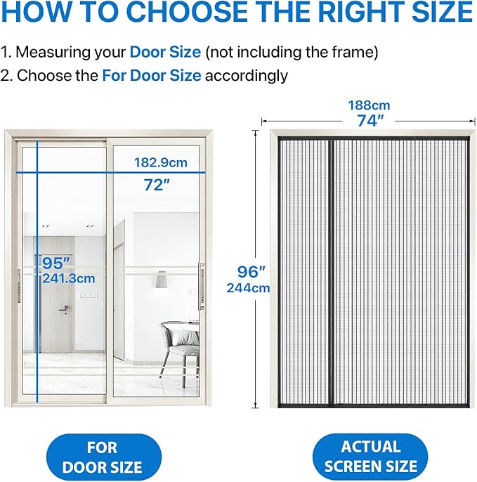 Heavy Duty Door Screen Magnetic Closure, LOVIGA 2024 Thickened Fiberglass Screen Door Mesh, Self Sealing, Left Side Opened, Pets Friendly, Fine Mesh Keep Bugs Out Fit Door Size 72 Inch X 95 Inch