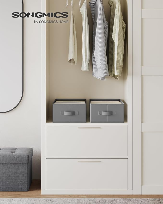 SONGMICS Set of 2 Large Size Wardrobe Clothes Organizers, 6-Compartment Foldable Drawer Organizers with Handles, 16.5 x 11.8 x 6.7 Inches, for Pants, Sweaters, Jeans, Dove Gray URUS009G02