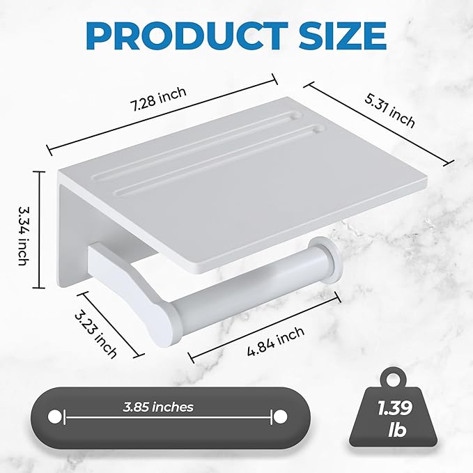Homely Trove Toilet Paper Holder with Phone Shelf - Tissue Roll Holder Bathroom Storage Dispenser - Adhesive Toilet Paper Holder Wall Mount Bathroom Décor - Matte White
