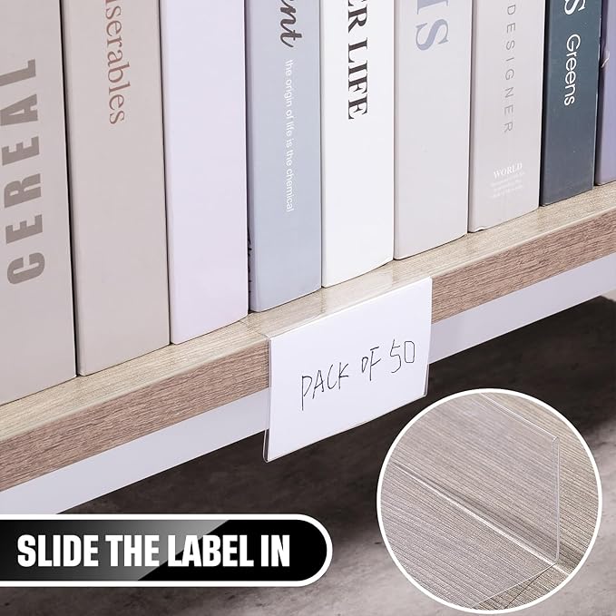 Containlol 50 Pcs Moveable Shelf Label Holders, Clear Bookshelf Label Library Shelf Markers Bookshelf Divider Tags for Library Office Classroom Home(3.6 x 2.4 Inch)
