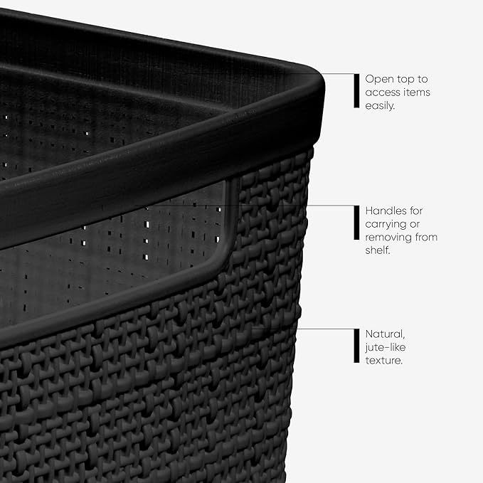 Curver Set of 6 Medium 12L Jute Decorative Plastic Organization and Storage Baskets - Perfect Bins for Home Office, Closet Shelves, Kitchen Pantry and All Bedroom Essentials, Black
