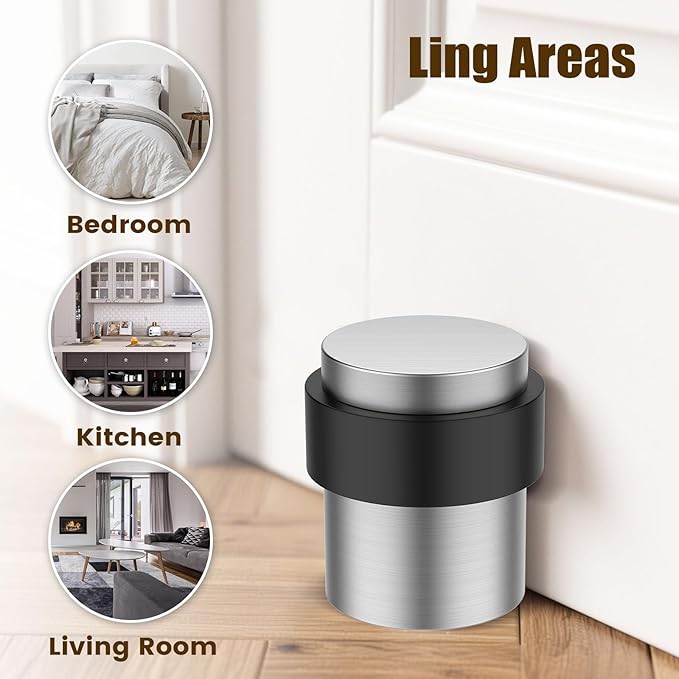 2 Pack Silver Brushed Finish Door Stoppers for Floor Mounting， Door Stopper Heavy Duty，304 Stainless Steel Cylindrical Made with Rubber Bumper，Floor Mount Door Holder Keep Door Open