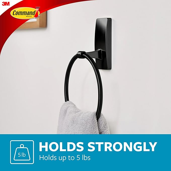 Command Hand Towel Holder Matte Black with Water Resistant Command Strips, Rust Resistant Bathroom Organizer, Holds up to 5 lbs