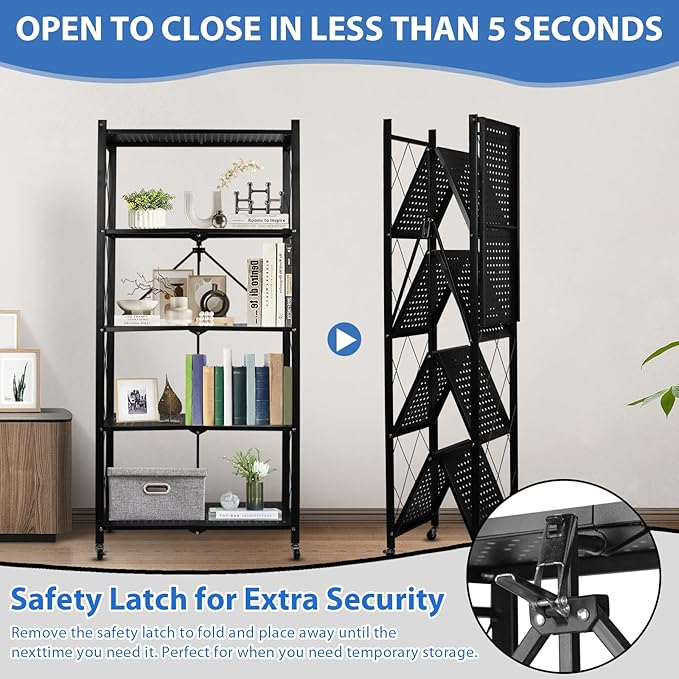 5-Tier Foldable Storage Shelf with Wheels, Heavy-Duty Metal Collapsible Shelving Unit, Rolling Storage Rack for Kitchen Pantry Garage Office, Pre-Assembled Organizer
