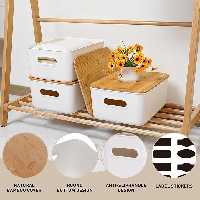 Citylife 4 PCS Storage Bins with Lids Plastic Storage Containers for Organizing Stackable Storage Box with Handle, 15.16 x 10.79 x 5.83 inch (White, 4 PCS-Large)