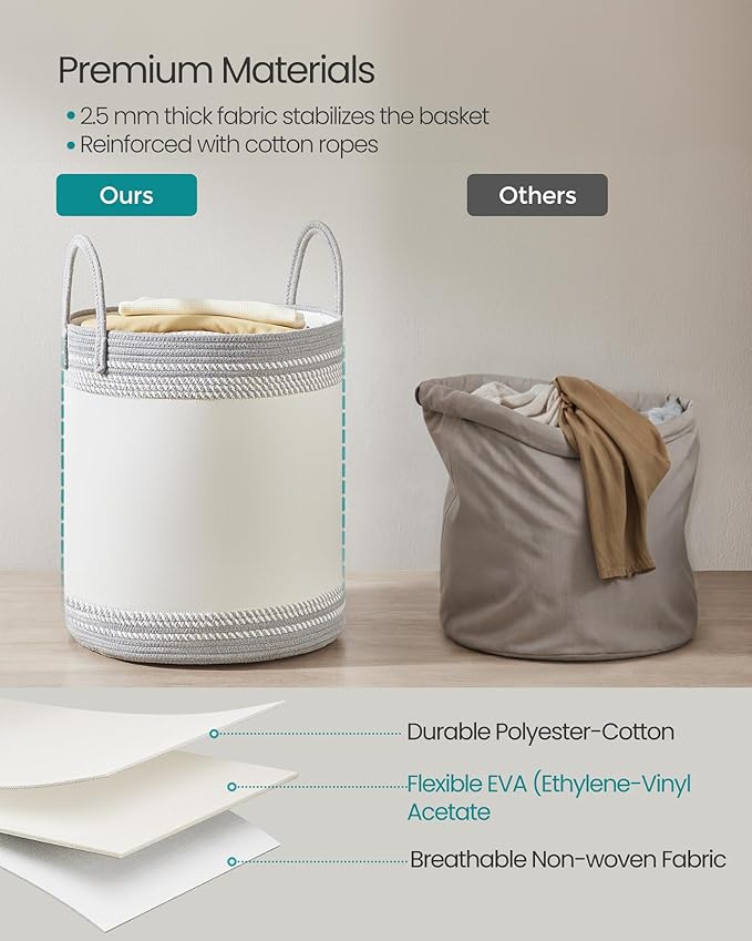 SONGMICS Laundry Hamper, Cotton Rope Laundry Basket with Handles, for Clothing, Living Room, Bedroom, 15.8 Gallons, 16.1 x 16.1 x 18.1 Inches, Cloud White and Dove Gray URLH060G01
