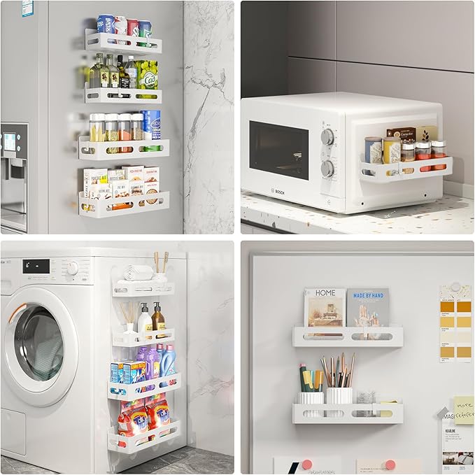 6 Pack Strong Magnetic Spice Rack for Refrigerator, Multipurpose Magnetic Shelf for Fridge with 4 Hooks for kitchen and Bathroom Organization, White