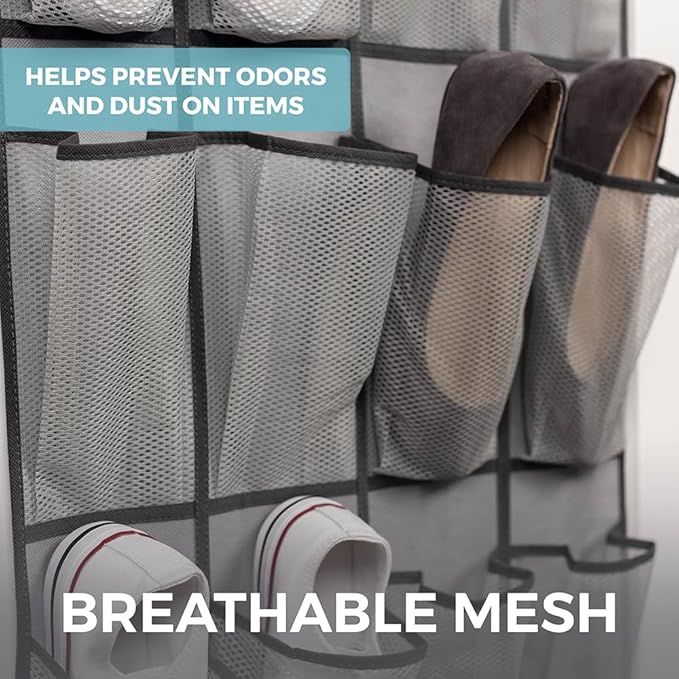 HOME GENIE Over the Door Hanging Shoe Organizer, 24 Breathable Mesh Pockets, Closet Rack Storage Holder, Stay in Place Hooks Hang on Closets, Hanger Holds Up to 40 lbs for Shoes, Accessories, Gray