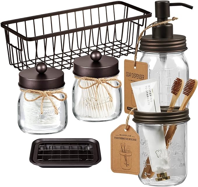 SheeChung 6Pcs Mason Jars Bathroom Accessories Set Complete - Toothbrush Holder, Lotion Soap Dispenser, 2 Mason Jars, Soap Dish, Toilet Paper Basket, Rustic Farmhouse Decor (Brown, 6Pcs Bathroom Set)