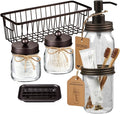 SheeChung 6Pcs Mason Jars Bathroom Accessories Set Complete - Toothbrush Holder, Lotion Soap Dispenser, 2 Mason Jars, Soap Dish, Toilet Paper Basket, Rustic Farmhouse Decor (Brown, 6Pcs Bathroom Set)