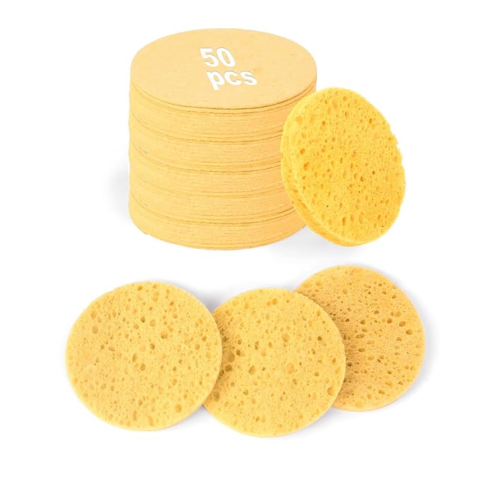 50-Count Compressed Facial Sponges,100% Natural Cellulose Cosmetic Make Up Sponges for Face Daily Facial Cleansing,Exfoliating,Makeup Removal(Yellow)