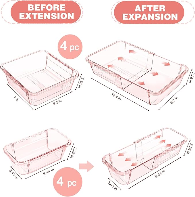 8 Pcs Mixed Extendable Clear Drawer Organizer, All Adjustable Vanity Storage Box, 2-Size Desk Drawer Organizer, Acrylic Storage Bins for Makeup, Bedroom Dressers Tool Organizer for Gadgets, Pink