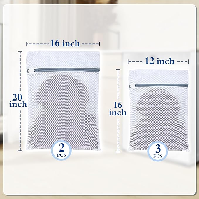 Heavy-Duty Honeycomb Mesh Laundry Bags, 5-Pack (3×12x16" + 2×16x20"), Delicates Protector for Lingerie & Baby Clothes