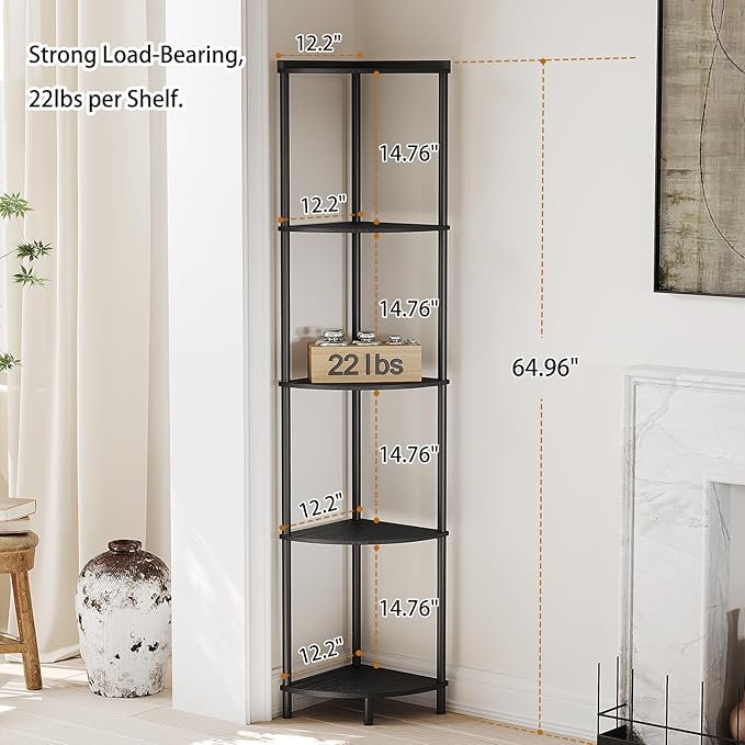 SUNMORY 5 Tier Corner Shelf Stand, Industrial 65" Corner Shelves Display Shelf for Living Room Decor, Wall Corner Bookshelf Multi Unit Organizer, Tall Shelf Plant Stand for Bedroom, Bathroom, Black