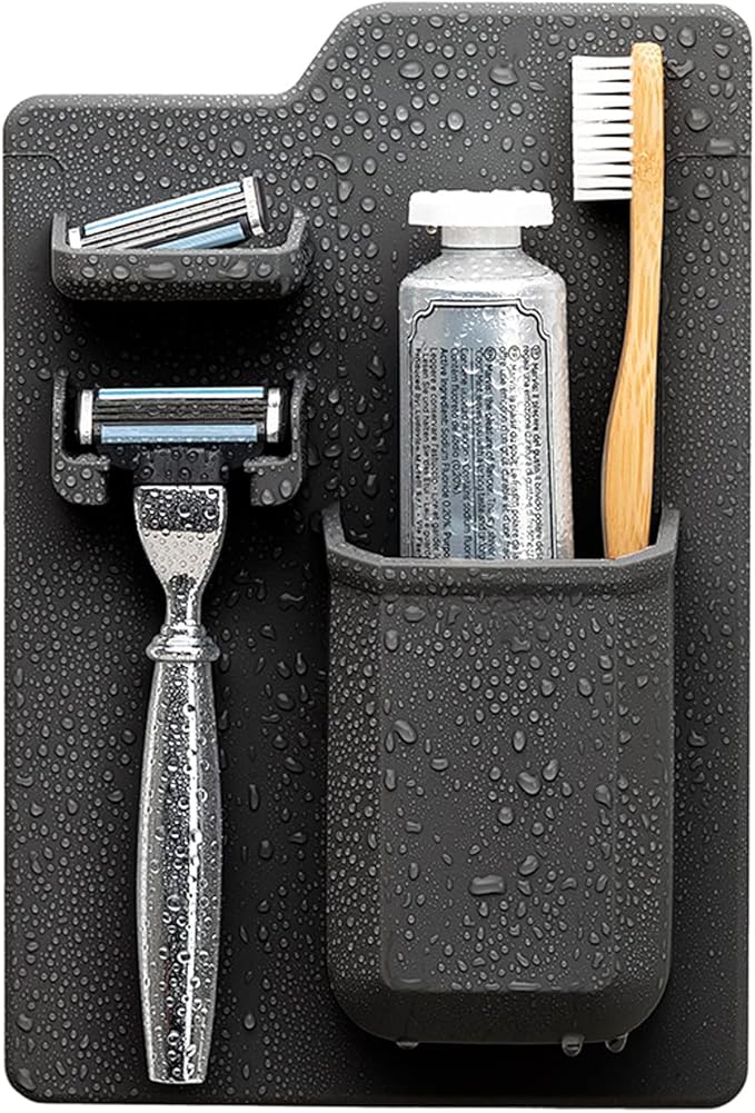 TOOLETRIES The Harvey Toothbrush & Razor Holder - Silicone Shower Organizer, Toiletries & Toothbrush Holder for Shower, Bathroom Accessory - Silicone-Grip Technology, Removable & Reusable - Charcoal