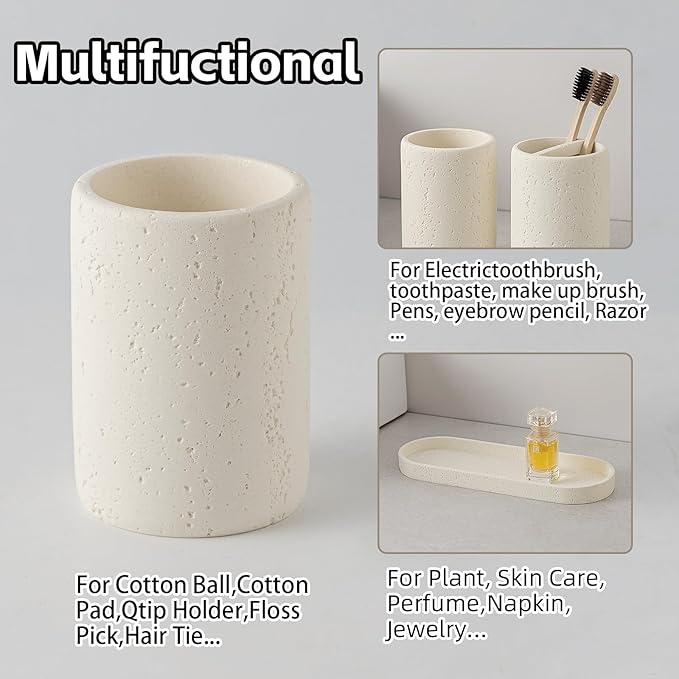 Bathroom Accessories Set, 4 Piece Travertine Stone Look Collection, Modern Bath Organizer with Soap Dispenser, Toothbrush Holder, Tumbler, Vanity Tray for Countertop Kitchen Sink (Off White)